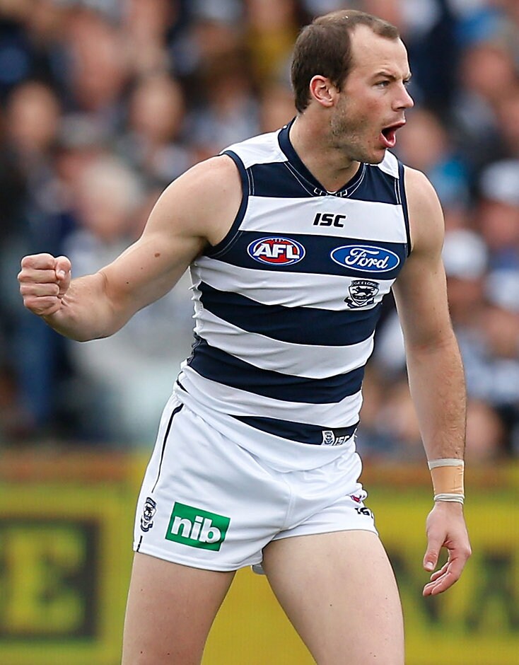 AFL 2015 Rd 23 - Geelong v Adelaide GEELONG, AUSTRALIA - SEPTEMBER 5: Josh Walker of the Cats celebrates a goal during the 2015 AFL round 23 match between the Geelong Cats and the Adelaide Crows at Simonds Stadium, Geelong, Australia on September 5, 2015. (Photo by Adam Trafford/AFL Media)